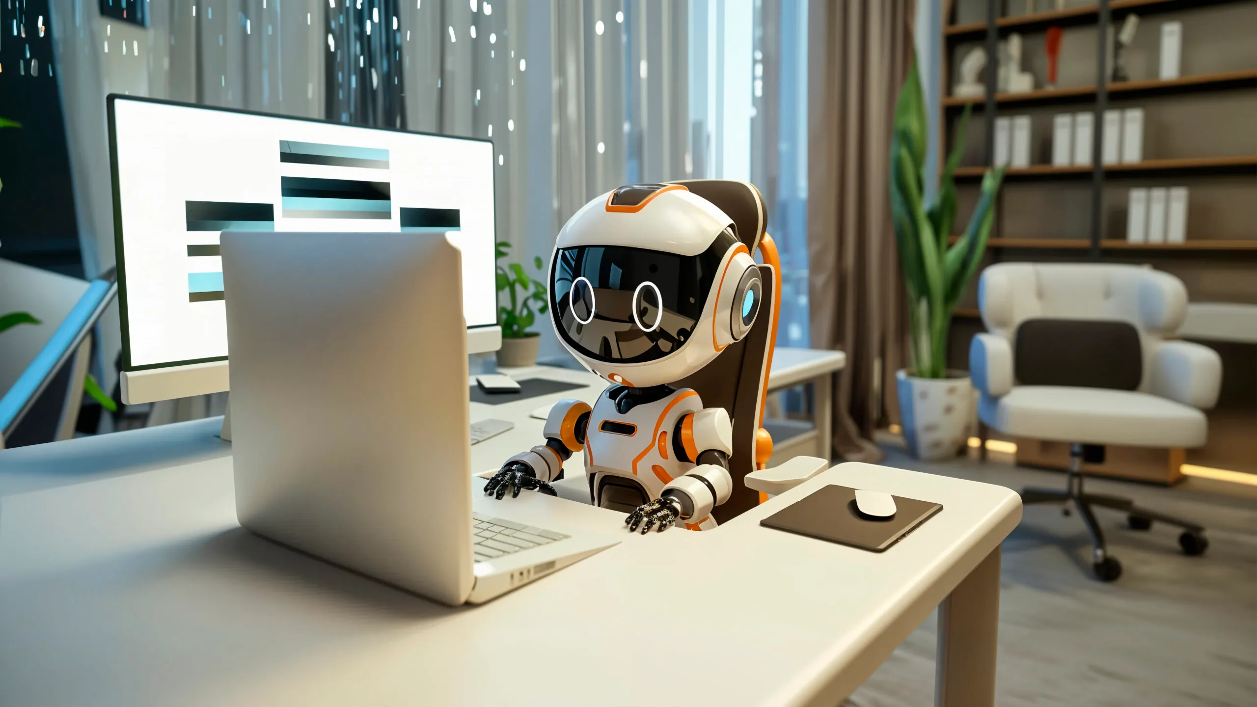 A small cartoon robot sitting at an office desk in front of a laptop and monitor