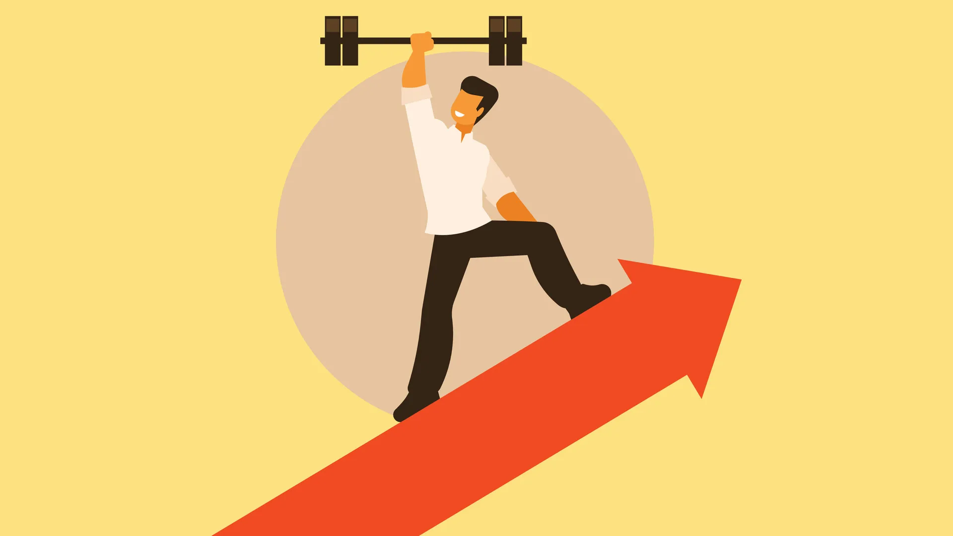 Illustration of a person lifting a barbell while climbing an upward-pointing arrow