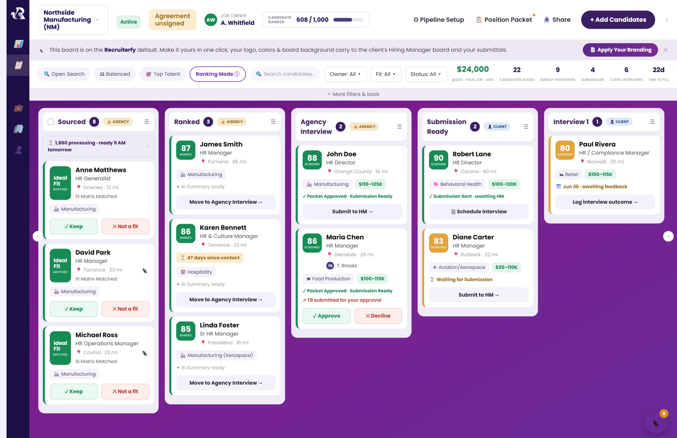 Recruiterfy pipeline board with ranked and screened candidates moving through agency interview, submission and client interview stages