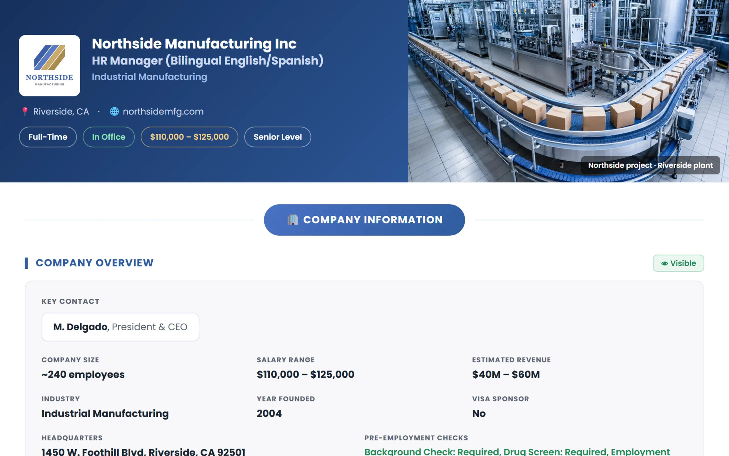 Sample Position Packet for Northside Manufacturing: company overview, key contact, salary range and pre-employment checks