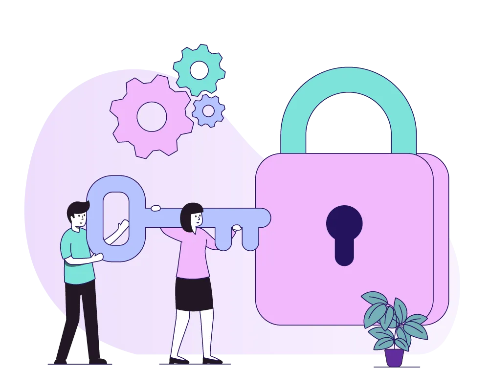 Two people holding a key in front of a lock, illustration
