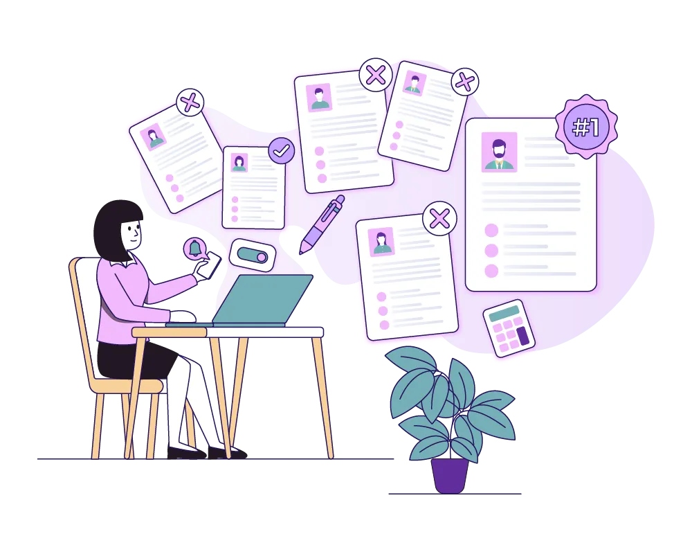 Recruiter at a desk reviewing resumes, illustration