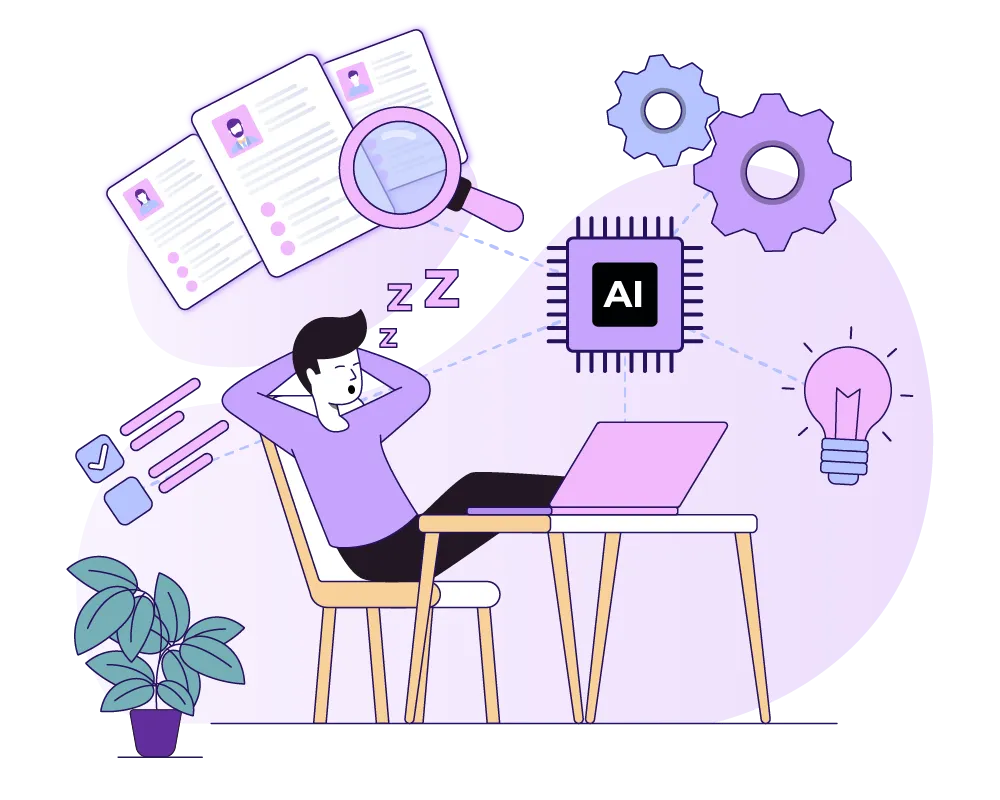 Relaxed recruiter while tasks run automatically, illustration