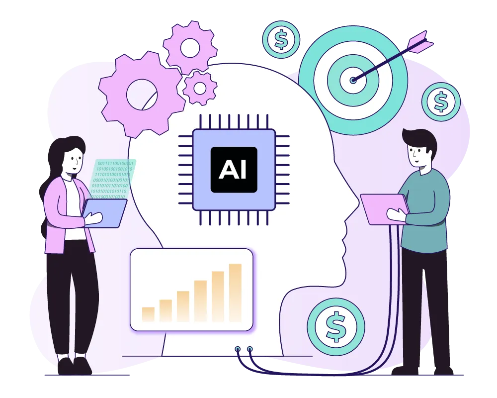 Two people working with an AI system, illustration